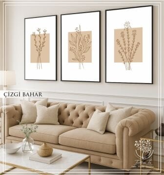 Dijital Baskılı Metal Çerçeveli Camlı Üçlü Dekoratif Tablo - Çizgi Bahar