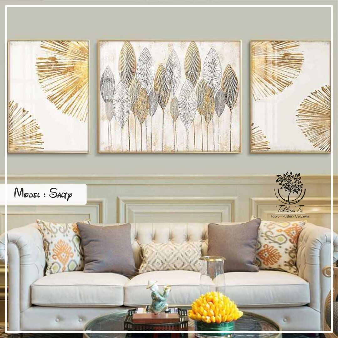 Dijital Baskılı Metal Çerçeveli Camlı 3'lü Dekoratif Tablo -Salty