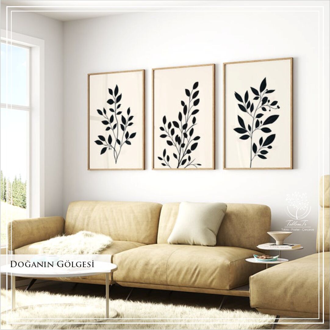 Dijital Baskılı Metal Çerçeveli Camlı 3'lü Dekoratif Tablo -Doğanın Gölgesi