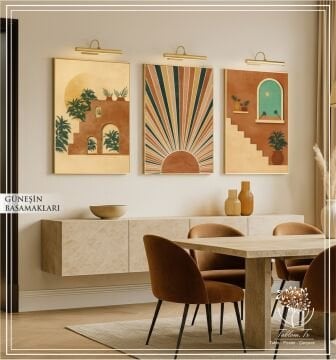 Dijital Baskılı Metal Çerçeveli Camlı Üçlü Dekoratif Tablo - Güneşin Basamakları