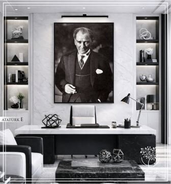 Metal Çerçeveli Camlı Mustafa Kemal Atatürk Tablosu Beyaz - 70x100 CM - Model E