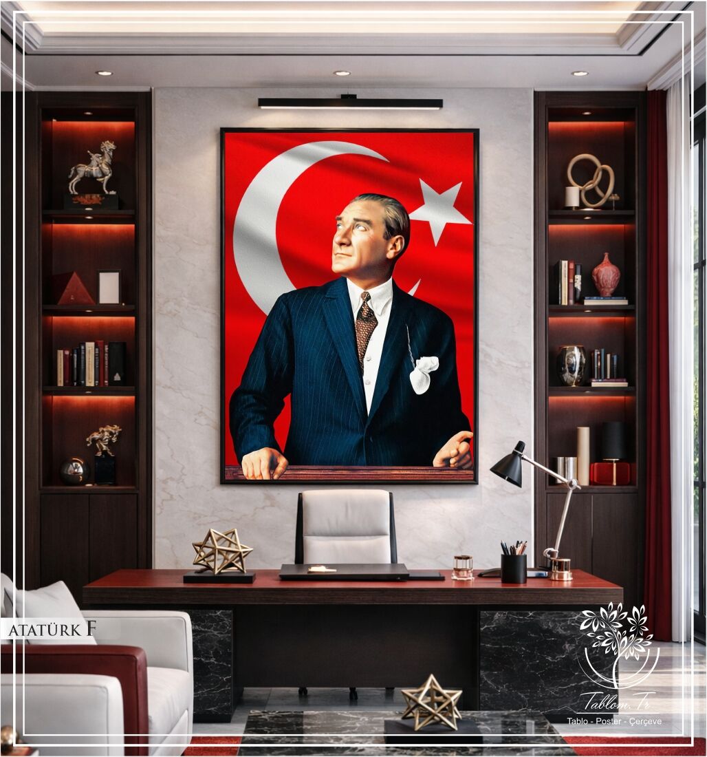 Metal Çerçeveli Camlı Mustafa Kemal Atatürk Tablosu Siyah - 70x100 CM - MODEL F
