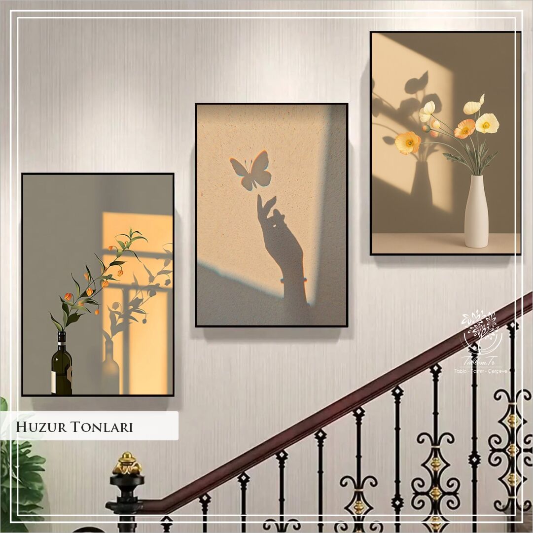 Dijital Baskılı Metal Çerçeveli Camlı 3'lü Dekoratif Tablo -Huzur Tonları