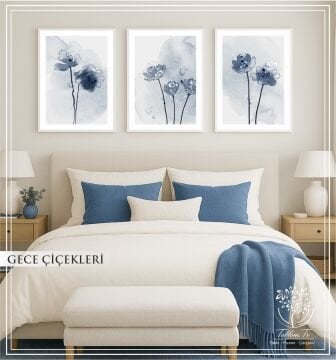 Dijital Baskılı Metal Çerçeveli Camlı Üçlü Dekoratif Tablo - Gece Çiçekleri