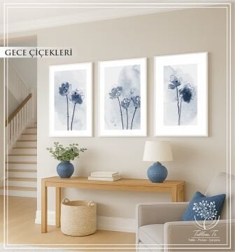 Dijital Baskılı Metal Çerçeveli Camlı Üçlü Dekoratif Tablo - Gece Çiçekleri