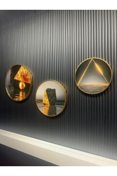 Dijital Baskılı Metal Çerçeveli Gercek Camlı Yuvarlak 3'lü Tablo - Zerafet Çemberi