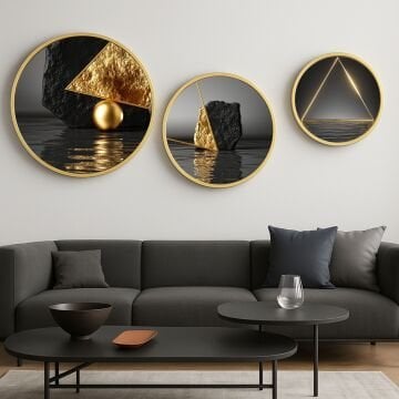 Dijital Baskılı Metal Çerçeveli Gercek Camlı Yuvarlak 3'lü Tablo - Zerafet Çemberi