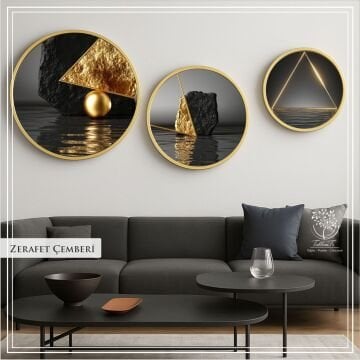 Dijital Baskılı Metal Çerçeveli Gercek Camlı Yuvarlak 3'lü Tablo - Zerafet Çemberi