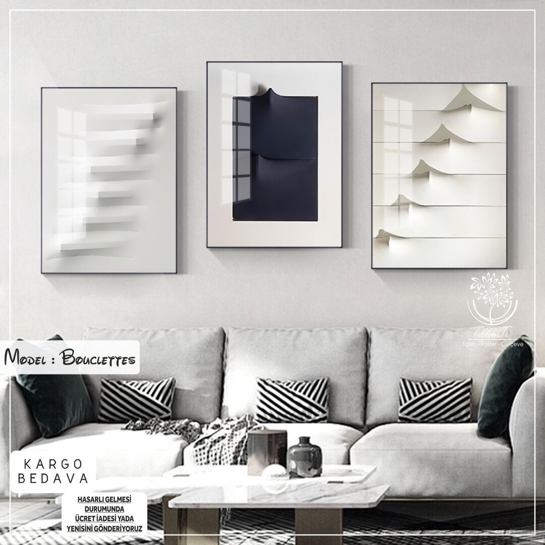 Bouclettes Üçlü Tablo Gümüş - 70x100 CM