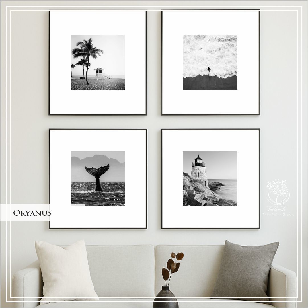 Metal Çerçeveli Camlı Okyanus 4'lü Dekoratif Tablo Seti