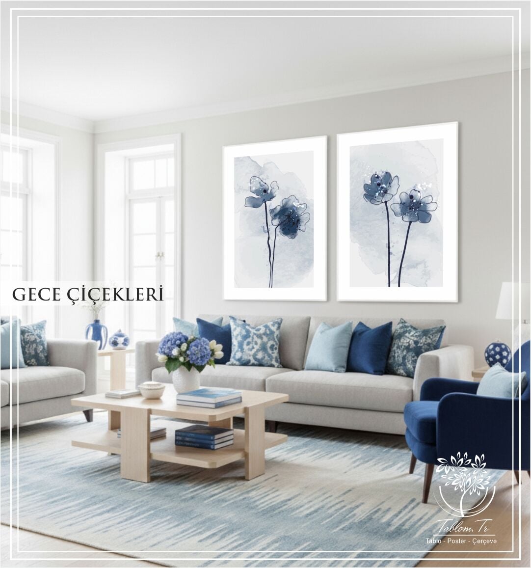 Dijital Baskılı Metal Çerçeveli Camlı İkili Dekoratif Tablo - Gece Çiçekleri