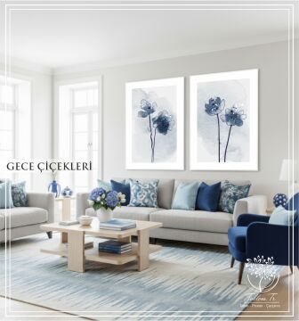 Dijital Baskılı Metal Çerçeveli Camlı İkili Dekoratif Tablo - Gece Çiçekleri