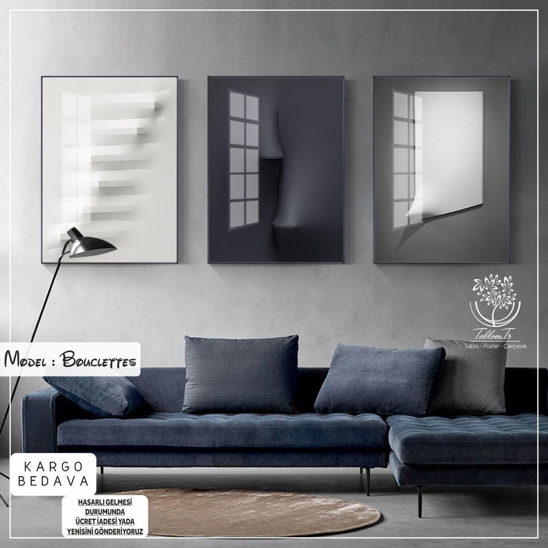 Bouclettes Üçlü2 Tablo Gümüş - 40x50 CM