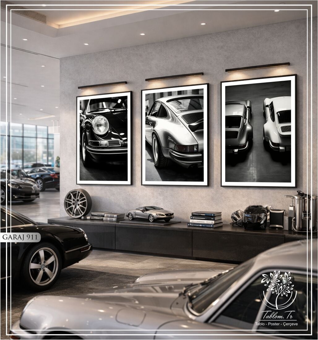 Dijital Baskılı Metal Çerçeveli Camlı Üçlü Dekoratif Tablo - Garaj 911