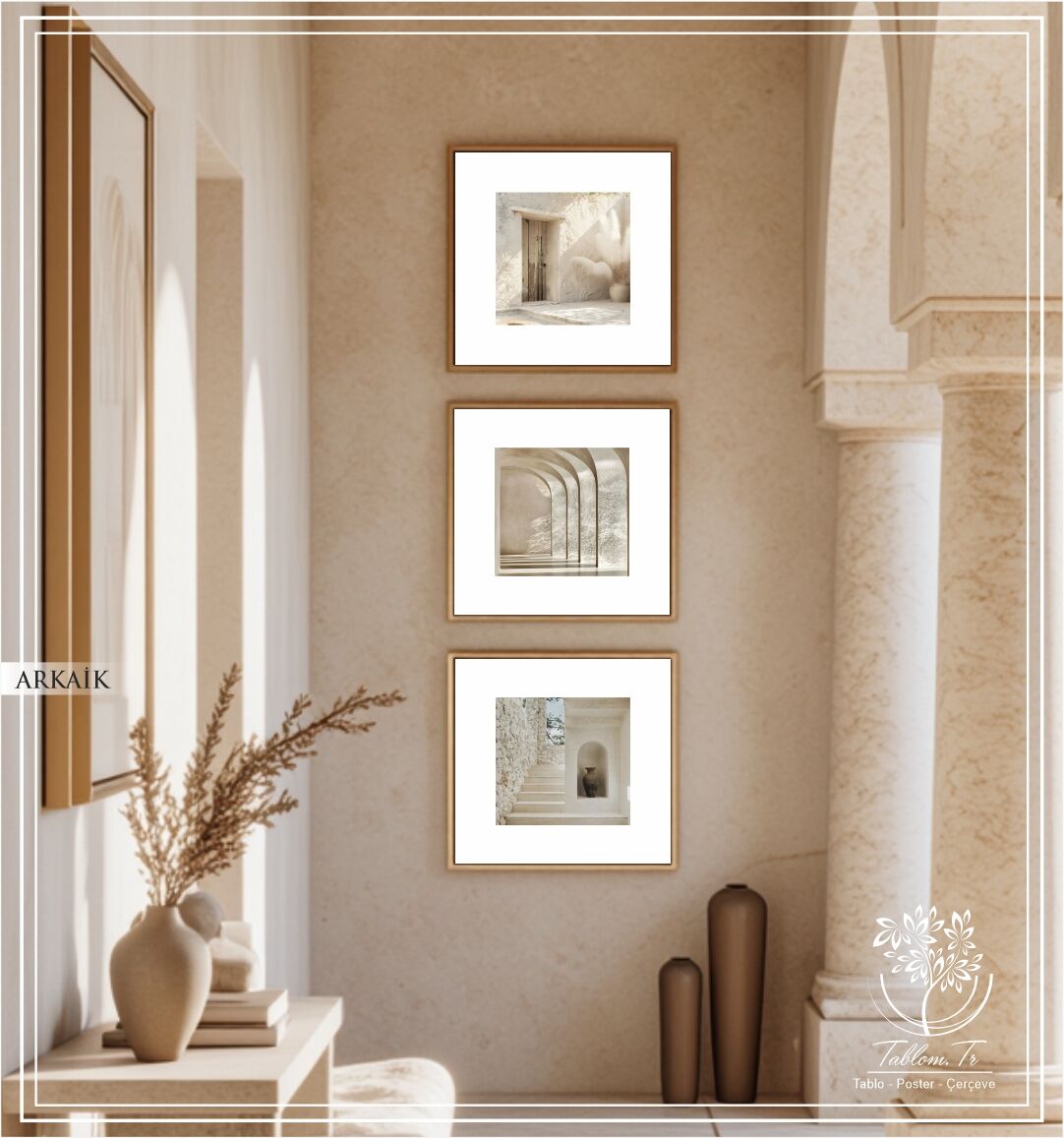 Metal Çerçeveli Camlı 3'lü Dekoratif Tablo Seti - Arkaik