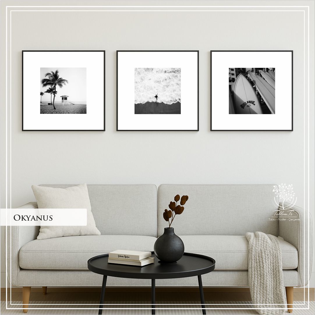 Metal Çerçeveli Camlı Okyanus 3'lü Dekoratif Tablo Seti