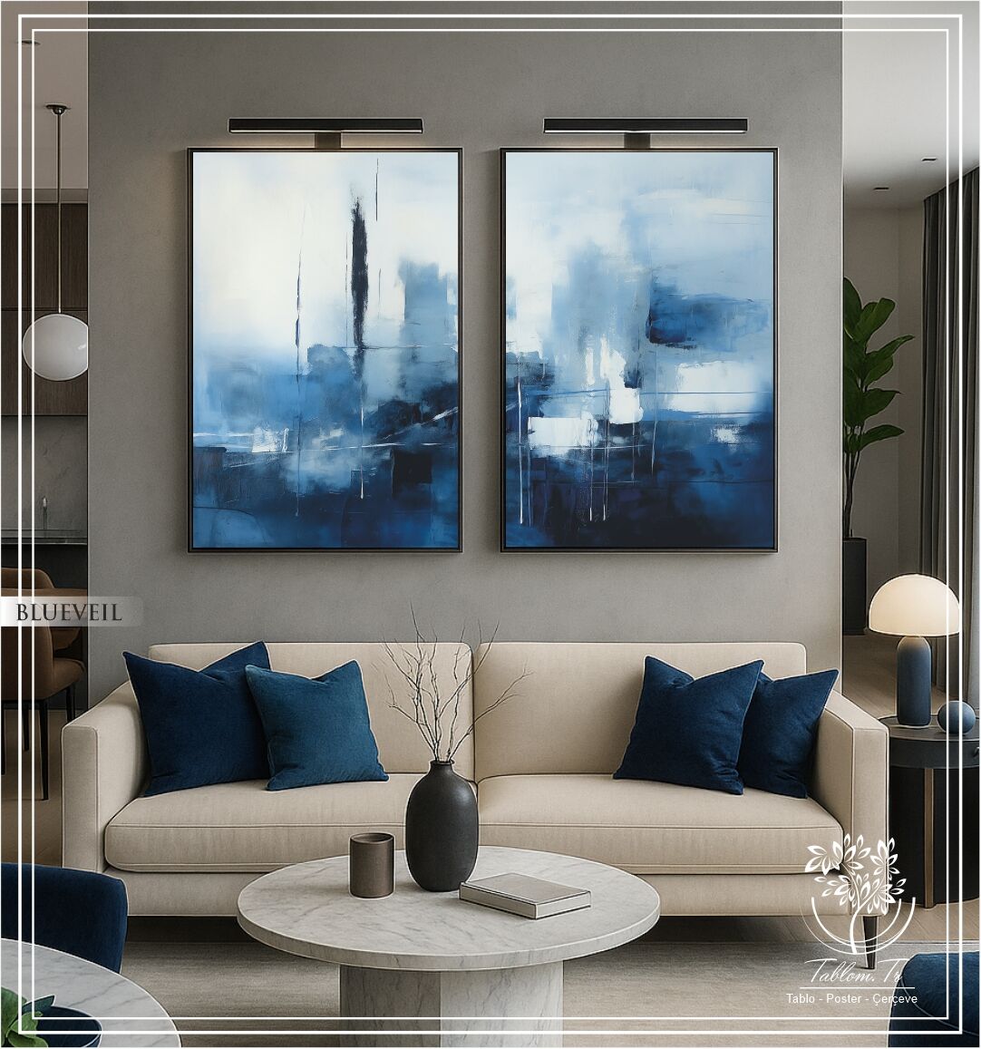 Dijital Baskılı Metal Çerçeveli Camlı İkili Dekoratif Tablo - Blueveil