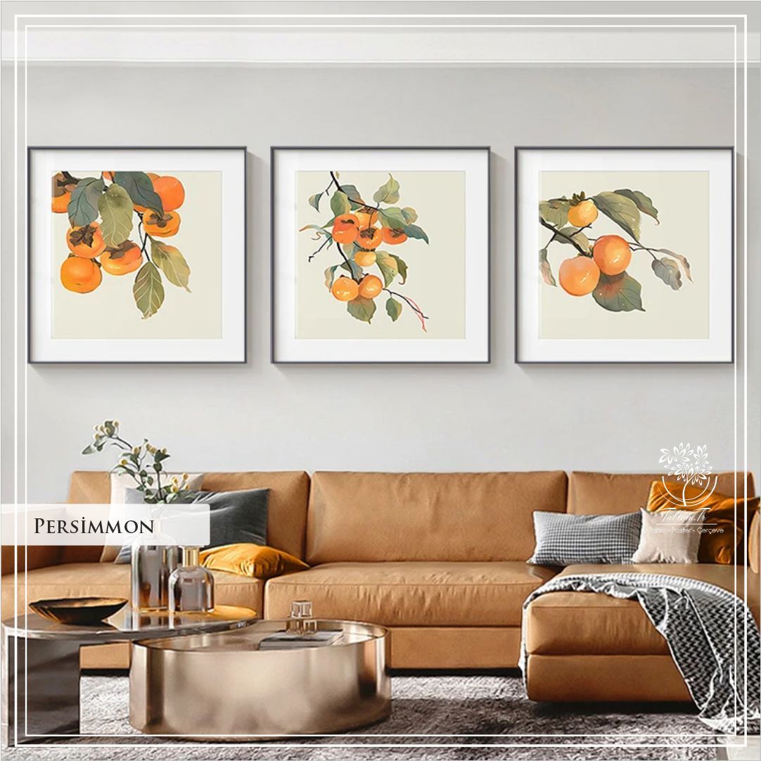 Metal Çerçeveli Camlı Persimmon 3'lü Dekoratif Tablo Seti