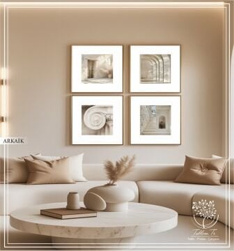 Metal Çerçeveli Camlı 4'lü Dekoratif Tablo Seti - Arkaik