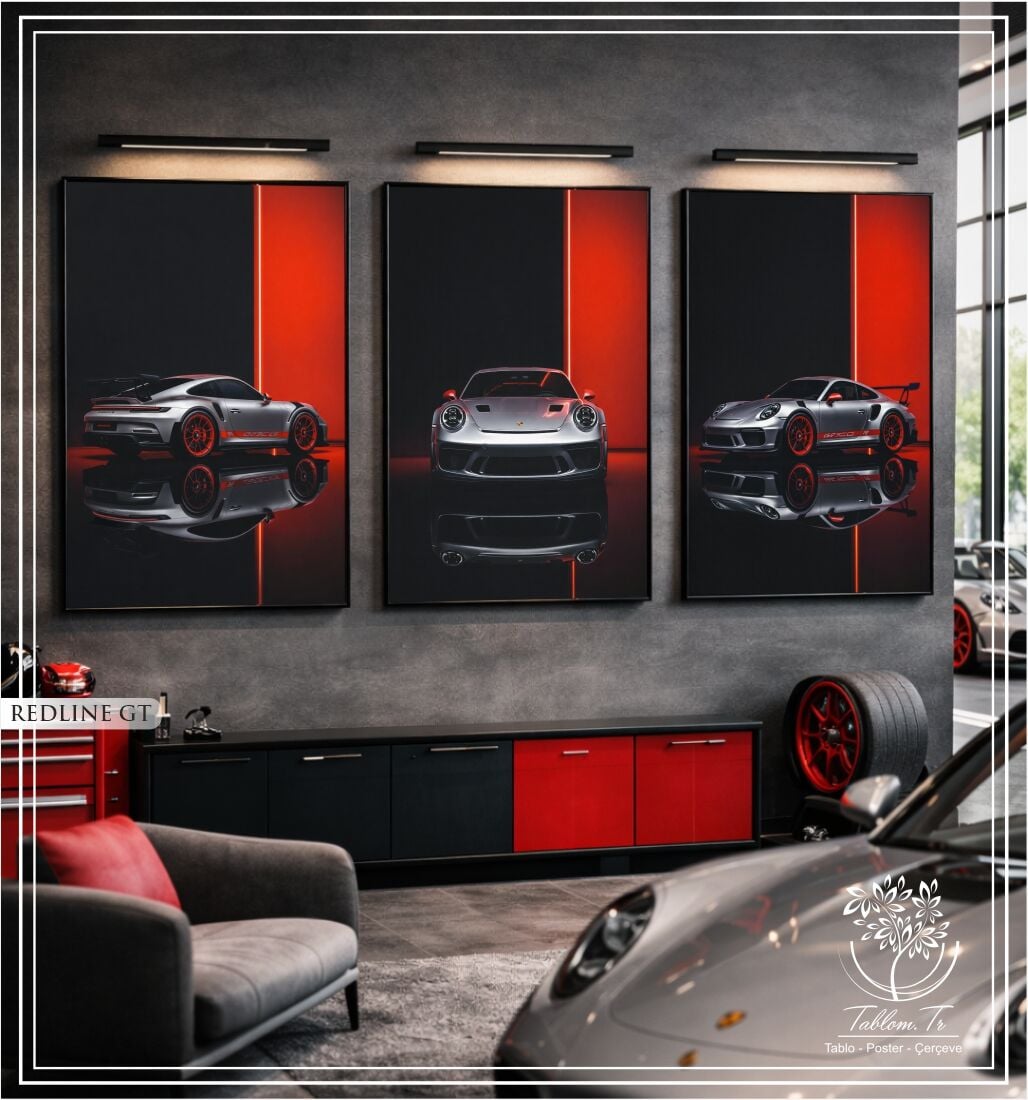 Dijital Baskılı Metal Çerçeveli Camlı Üçlü Dekoratif Tablo - Redline GT