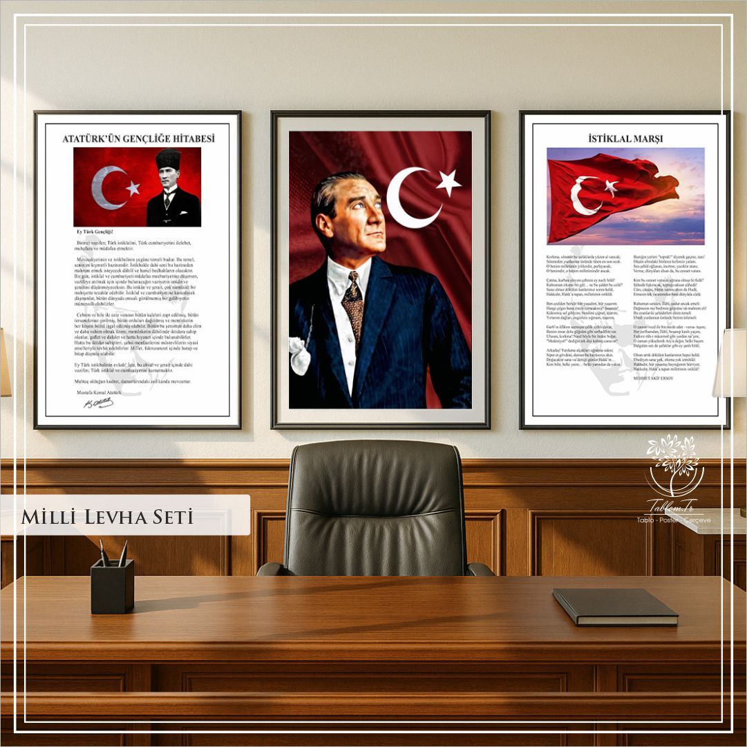 Dijital Baskılı Metal Çerçeveli Camlı 3'lü Dekoratif Tablo - Milli Levha Seti