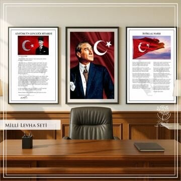 Dijital Baskılı Metal Çerçeveli Camlı 3'lü Dekoratif Tablo - Milli Levha Seti
