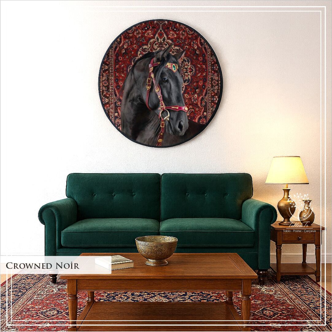 Dijital Baskılı Metal Çerçeveli Camlı Yuvarlak Dekoratif Tablo - Crowned Noir