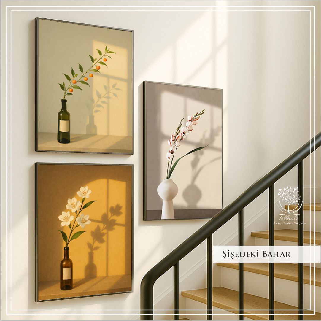 Dijital Baskılı Metal Çerçeveli Camlı 3'lü Dekoratif Tablo - Şişedeki Bahar